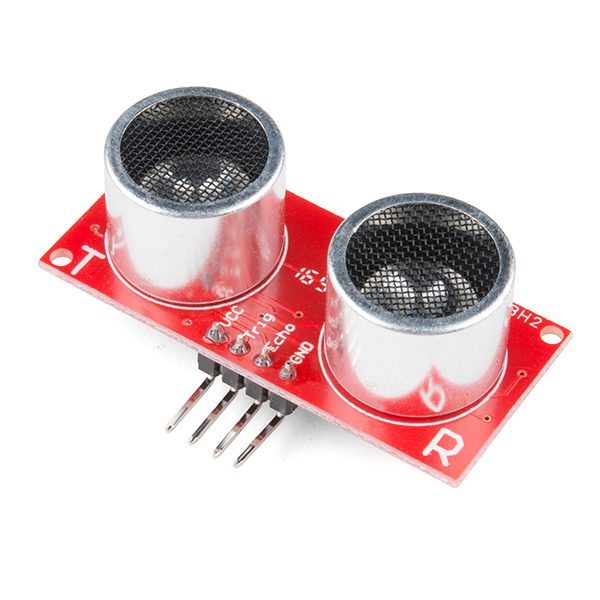 Modul sensor ultrasonik HC-SR04 berwarna merah dengan dua tabung logam sebagai pemancar dan penerima gelombang suara.