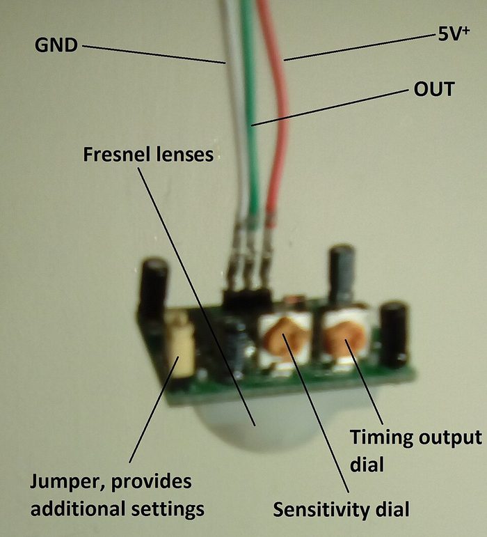 Modul sensor gerak PIR dengan tiga kabel keluar (GND, 5V, OUT) dan papan sirkuit kecil berisi dial pengatur sensitivitas.